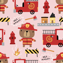 Seamless pattern vector of cute bear in fireman uniform with fire fighter elements