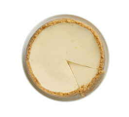 Tasty vegan tofu cheesecake isolated on white, top view