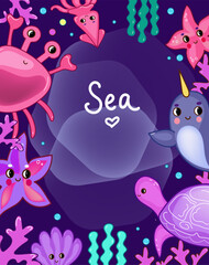 Diploma sea animals. Marine life objects vector cartoon doodle 3d illustration.
