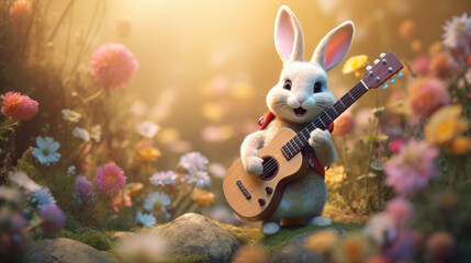 Cute bunny playing guitar in meadow - obrazy, fototapety, plakaty