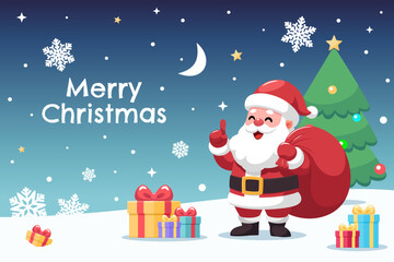 Christmas Santa Claus holding red sack on night sky background with moon, stars, snowflakes, green trees, presents lying around on the snow ground. Vector cartoon illustration.