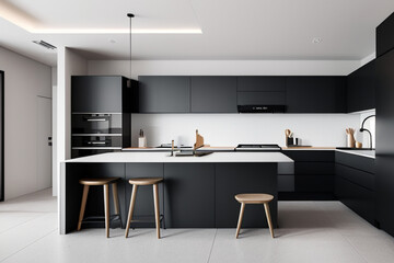modern kitchen interior with beautiful setup of cabinets and furniture