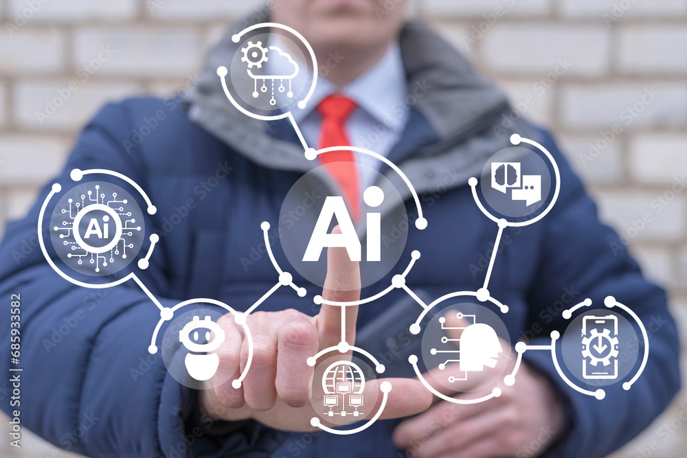 Poster man using virtual touchscreen sees text: ai. concept of ai technology, artificial intelligence. smar