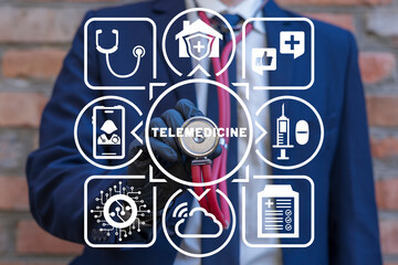 Doctor using virtual touch screen sees text: TELEMEDICINE. Telemedicine video call concept. Medical doctor online communicates patient on VR medical interface with internet consultation technology. - obrazy, fototapety, plakaty