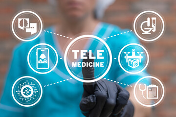 Doctor using virtual touch screen presses text: TELEMEDICINE. Telemedicine video call concept....
