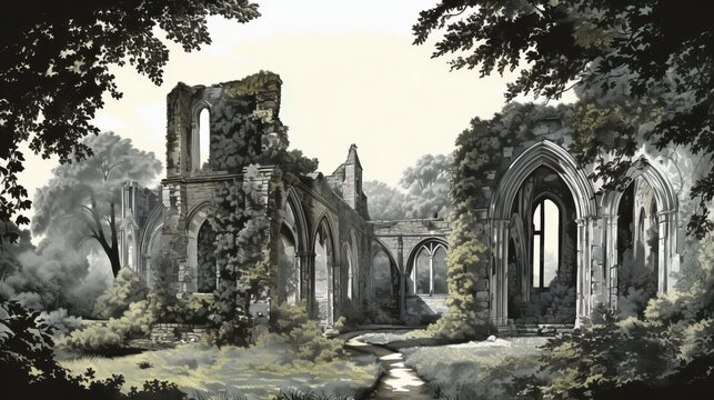 Ruins of an church, Ancient Abbey Painting with a Tree.