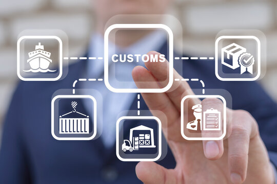 Man using virtual touch screen presses word: CUSTOMS. Concept of customs. Customs declaration clearance. Customs registration. Cargo delivery, import and export.