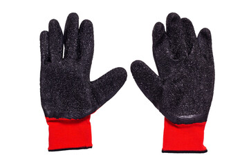Red plastic gloves isolated on white background. garden cloth gloves, clipping path