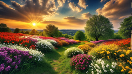 sunset in the field,
A beautiful view in summer Beautiful Beach Beautiful field Beautiful flowers Relaxing bed,
Spring Landscape with a Multitude of Blooming Flowers,
Beautiful summer sunrise over,

