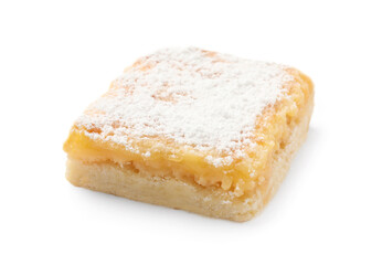 Tasty lemon bar with powdered sugar isolated on white