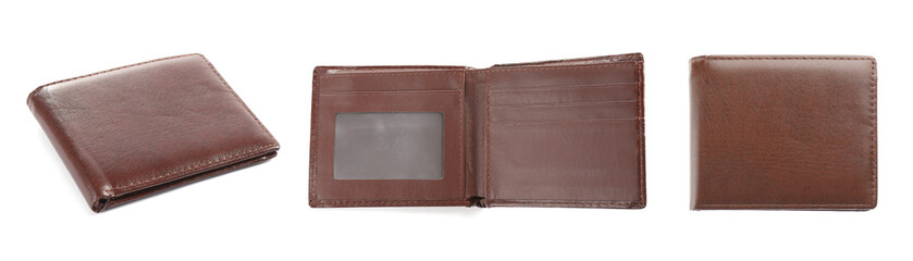 Stylish leather wallet isolated on white, set - obrazy, fototapety, plakaty