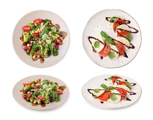 Delicious salads with balsamic vinegar isolated on white, set with top and side views