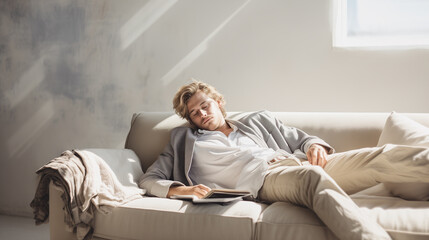 Fototapeta premium Young man dozed off on a couch with a book in his hands. Professional taking a break from work or enjoying a lazy weekend. Afternoon nap, powernap, siesta. Tired student taking a break from studies.