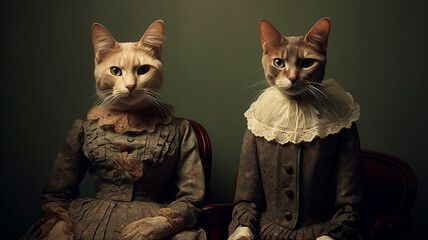 Gatos con vestidos de época generado por ia - obrazy, fototapety, plakaty