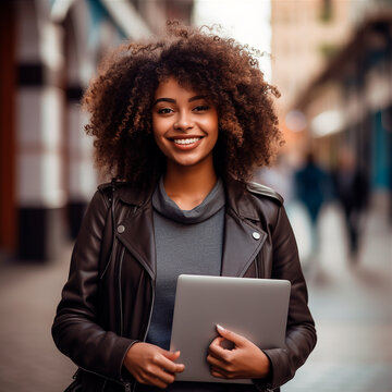 Chica afroamericana con pelo rizado sujetando una tablet