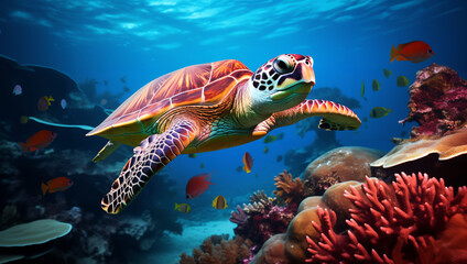 Fototapeta na wymiar close up A majestic sea turtle swims gracefully in an underwater environment