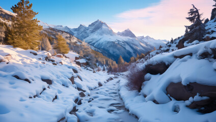 Fototapeta na wymiar Winding mountain paths disappear into the vast snowfields, presenting a serene winter landscape