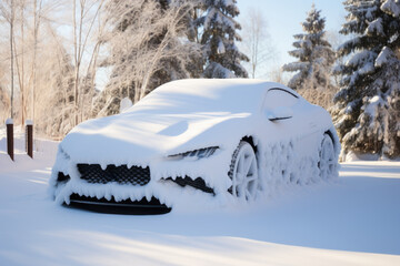 A car in repose beneath a layer of snow, a frozen elegance emanating from the stillness, an embodiment of winter's refined beauty