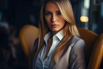 Fototapeta premium The commanding posture of a female executive, accentuated in a close-up shot, seated in a boardroom chair of authority
