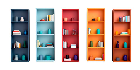 Colorful modern bookshelves set over isolated transparent background - obrazy, fototapety, plakaty