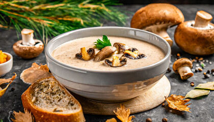 Mushroom champignon soup with bread, studio shot