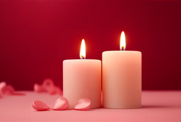 Fototapeta na wymiar Romantic Valentine's Day background image of a pair of candles on a red background