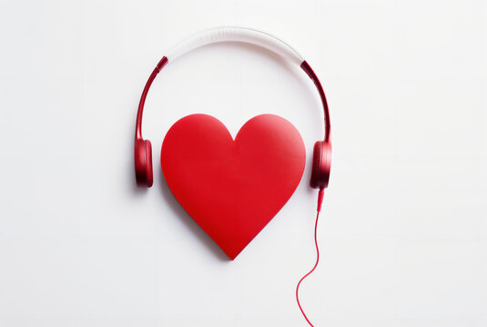 A Valentine's Day heart listening to music on a white background