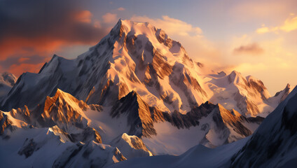 The mountains were bathed in the golden rays of the setting sun, casting long shadows on the snow-covered slopes