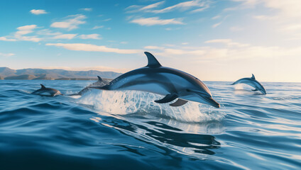 A pod of dolphins glide through the open ocean, basking in the soft sunlight filtering through the waves