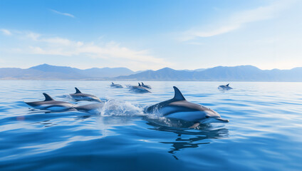 Naklejka premium A pod of dolphins glide through the open ocean, basking in the soft sunlight filtering through the waves