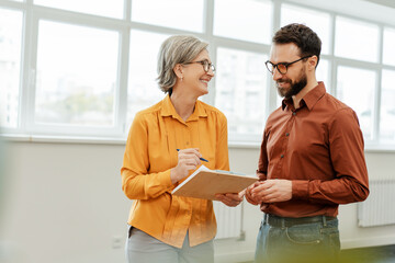 Smiling business people, successful colleagues, workers communication, sharing ideas