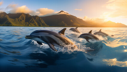 A pod of dolphins gliding in the open ocean at sunset - obrazy, fototapety, plakaty