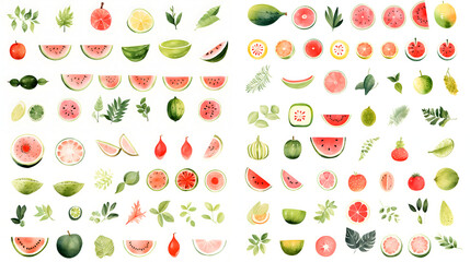 Set of hand drawn watercolor style illustration of tropical fruit element: watermelon, figs, pomegranate, guava and leaves. Cartoon illustration isolated on white background.