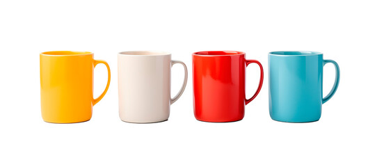 Set of four coffee mugs in yellow, white, red and light blue over isolated transparent background