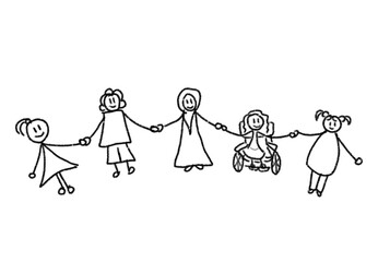Cartoon illustration of children from different backgrounds and with different conditions holding hand in hand in harmony