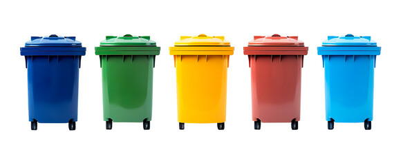 Colorful garbage bins collection over isolated transparent background - obrazy, fototapety, plakaty