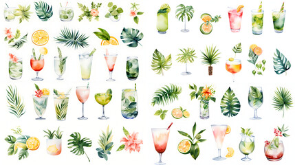 Watercolor tropical leaves and cocktail drinks set on white background. Hand drawn colorful Sublimation design, white background.