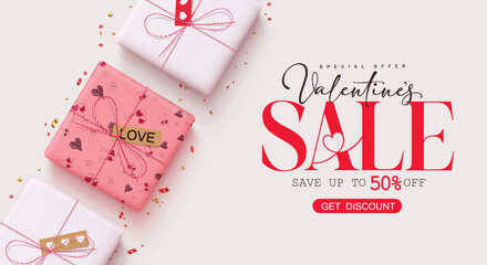 Valentine's day sale text vector banner. Valentine's day special offer shopping discount with gift boxes surprise elements for promotion advertisement. Vector illustration hearts day promo banner 