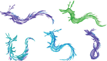 Fototapeta premium 水彩画。水彩タッチの2024年年賀状用辰イラスト。辰年のベクターイラストセット。Watercolor. Dragon illustration for 2024 New Year's card with watercolor touch. Year of the Dragon vector illustration set.