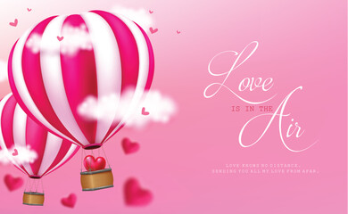 Valentine's love greeting vector design. Love is in the air text with hot air balloons flying in the sky for valentine greeting card background. Vector illustration hearts day invitation card. 
