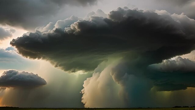 Closeup thunderhead developing into supercell, with storm clouds swirling rotating ominously. turns dark, foreboding color potential tornadoes increases.