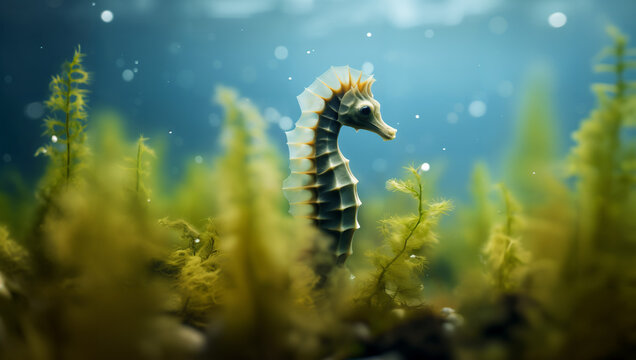 A seahorse clinging to the swaying seaweed, the image is quiet and serene