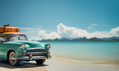 Vintage car, beach and ocean coastline for travel. Tropical paradise, dream vacation or island holiday, Background, summer wallpaper and relax in nature, sunshine and blue sea and Maldives views