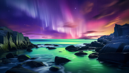 At night, the Antarctic Aurora Borealis paints the night sky in vibrant greens and purples
