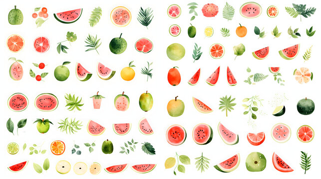 Set of hand drawn watercolor style illustration of tropical fruit element: watermelon, figs, pomegranate, guava and leaves. Cartoon illustration isolated on white background.