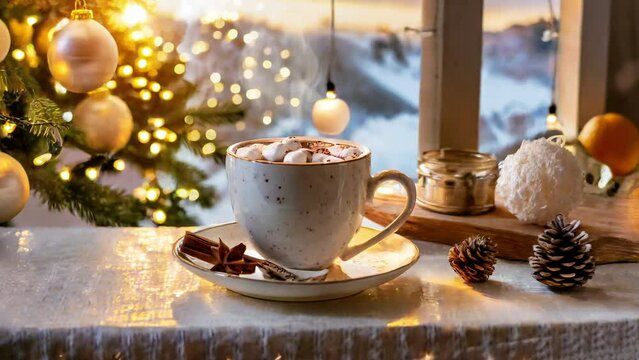 Hot Coco On Table Near Christmas Tree