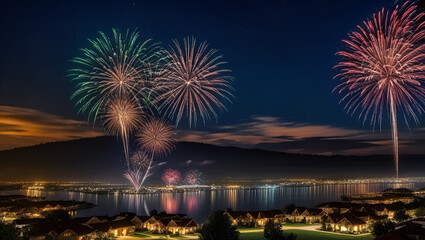 fireworks over the river,
Fireworks are lit up over a lake with a mountain ,
Fireworks celebration at night sky over the sea,
Gorgeous fireworks bloom in the sky a largescale festival fireworks show,