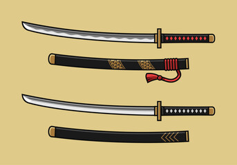 Set Of Line Art Detail Cartoon Katana (Japanese Sword)