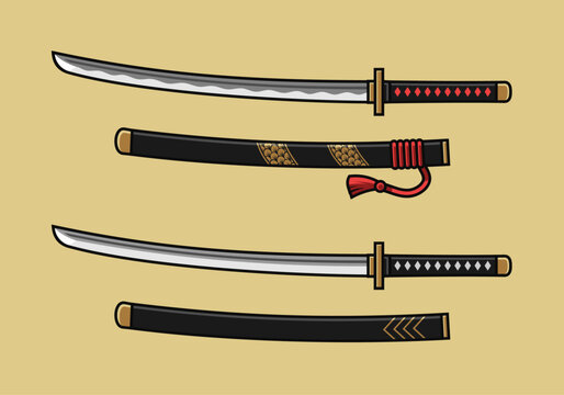 Set Of Line Art Detail Cartoon Katana (Japanese Sword)