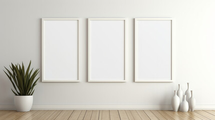 Fototapeta na wymiar Blank, frame and canvas on a gallery room wall for mockup prints, graphic design and home interior. White, clean and empty space for art ideas collection, painting studio or creative inspiration